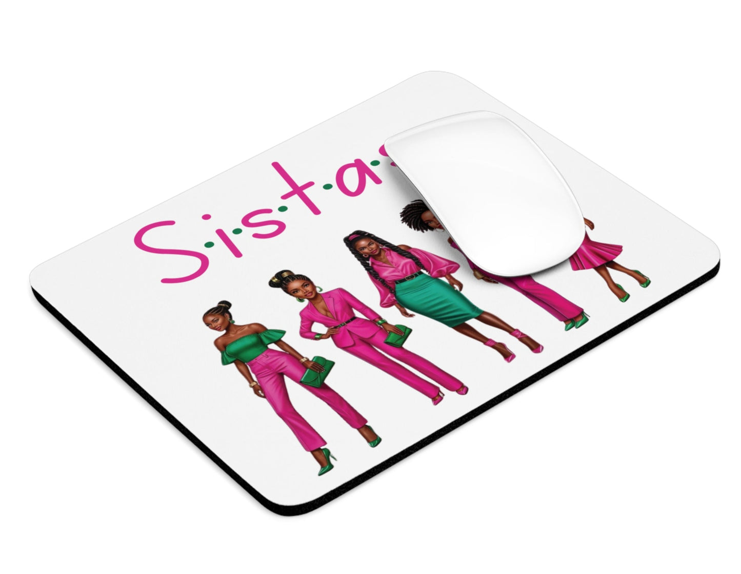 Sistas Mouse Pad - Black Women Pink Green Outfits, Afrocentric Home Office Decor, African American Sisters Gift, Feminine Desk Accessory,