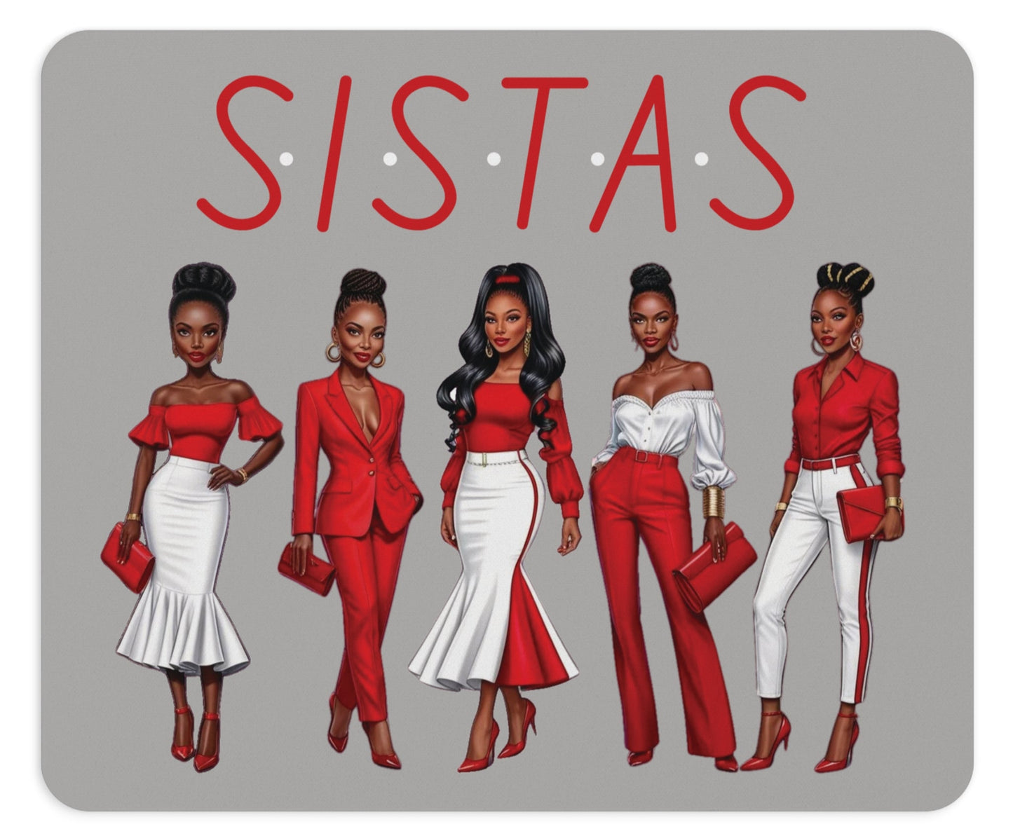 Sistas Mouse Pad - Black Women Red White Outfits, Afrocentric Home Office Decor, African American Sisters Gift, Feminine Desk Accessory