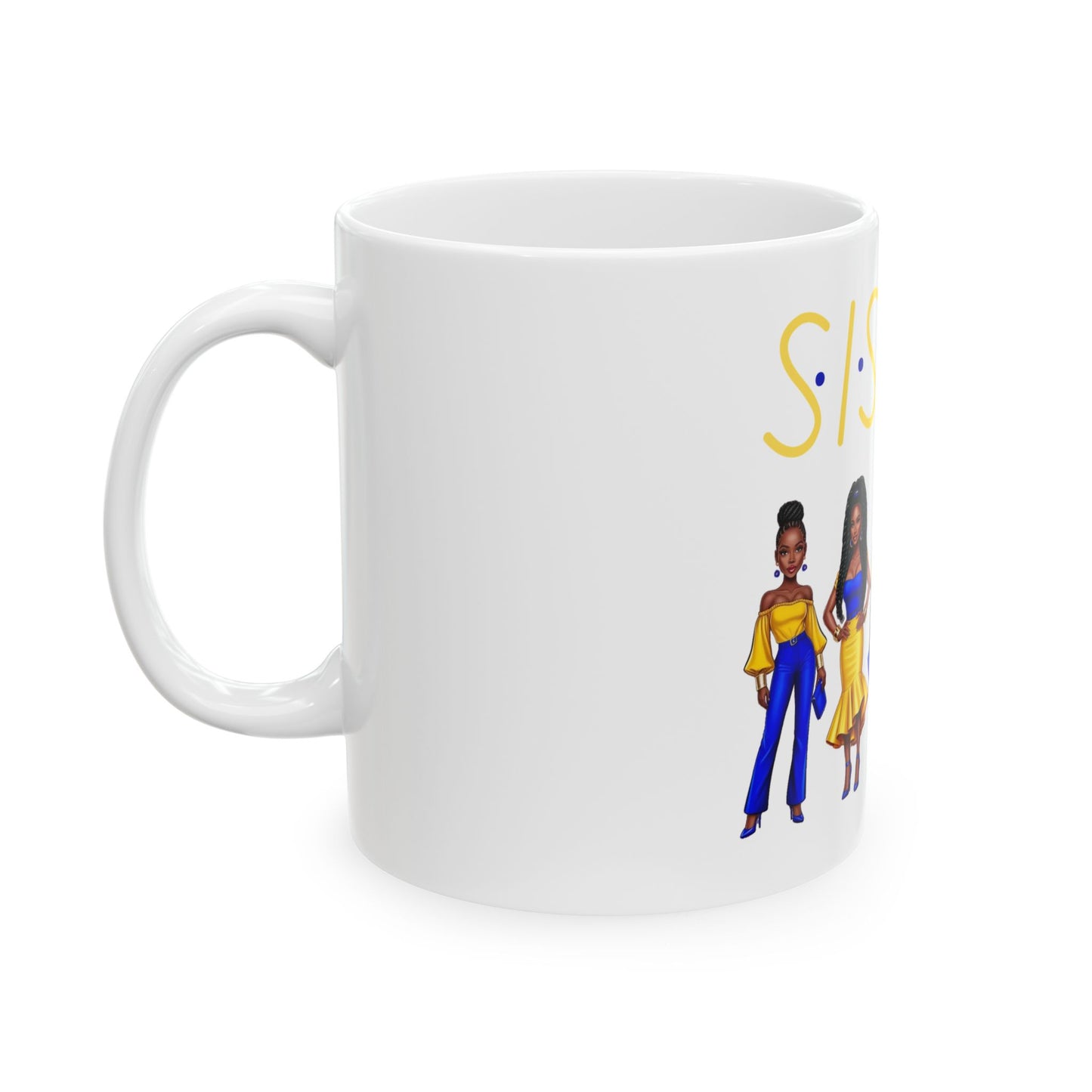 SISTAS Ceramic Mug, Blue and Gold Women Coffee Tea Cup, 11oz 15oz Sizes, African American Sisters Gift, Melanin Magic, Black Girl Magic,