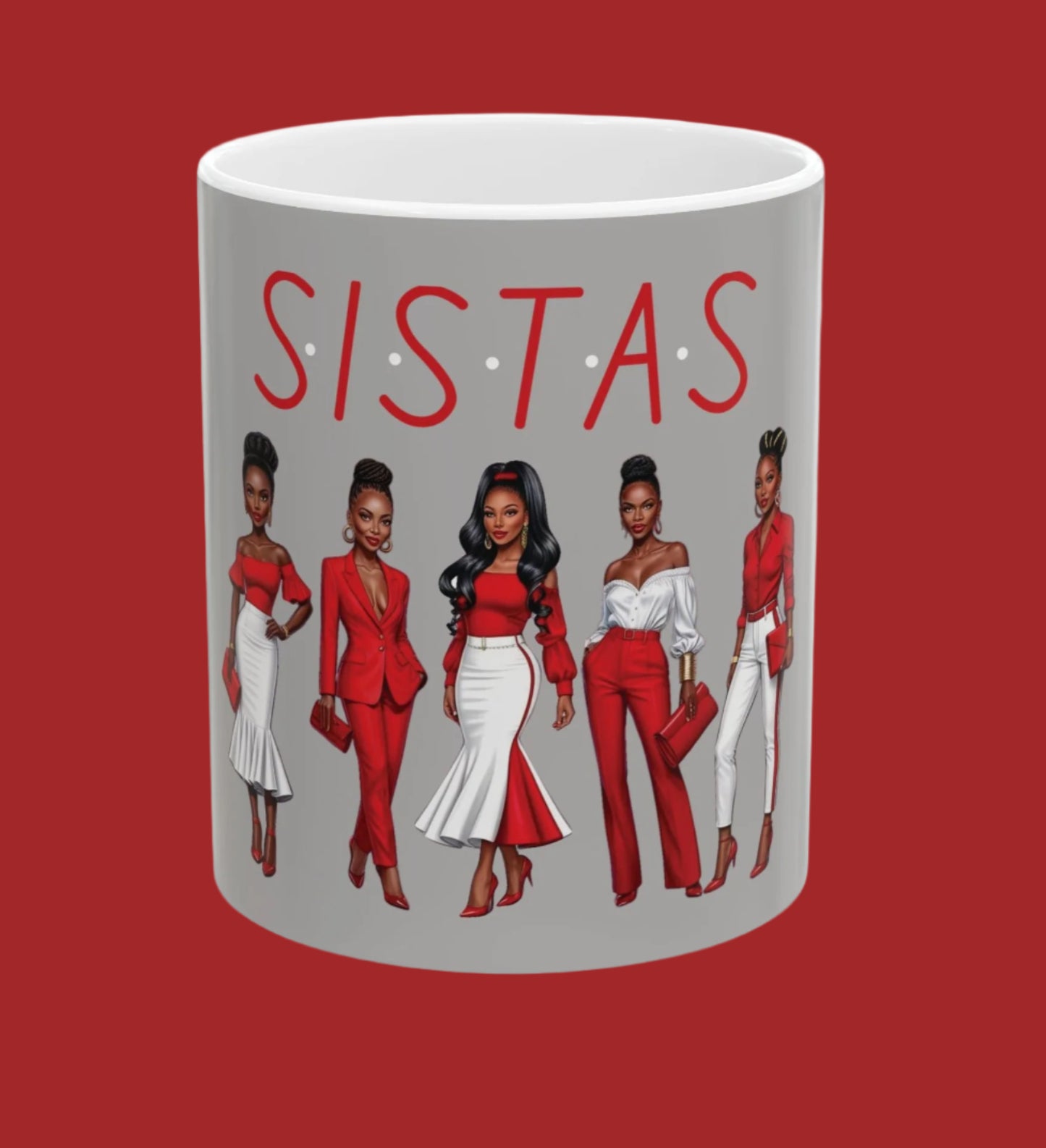 Red and White Sistas Ceramic Mug, Beautiful Women Design, 11oz, 15oz, Coffee Cup, Tea Mug, Gift for Her, African American, Black Women
