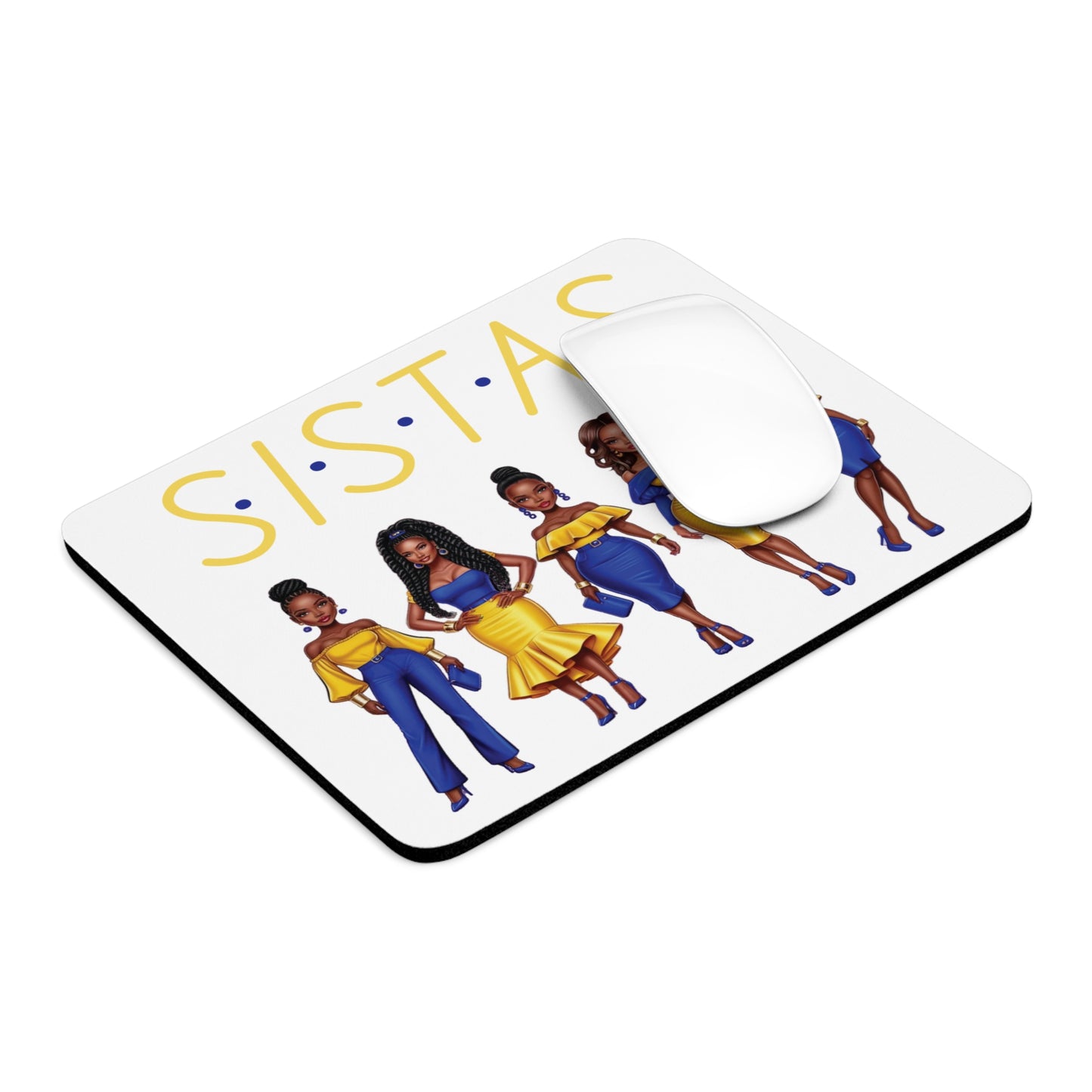 Sistas Mouse Pad - Black Women Blue and Gold Outfits, Afrocentric Home Office Decor, African American Sisters Gift, Feminine Desk Accessory,