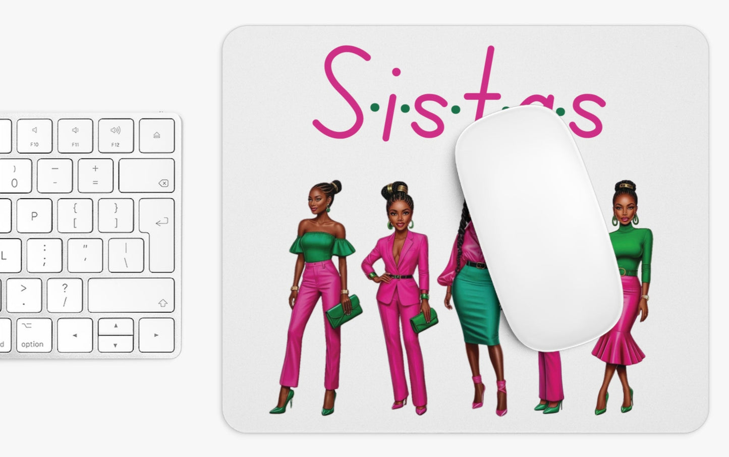 Sistas Mouse Pad - Black Women Pink Green Outfits, Afrocentric Home Office Decor, African American Sisters Gift, Feminine Desk Accessory,