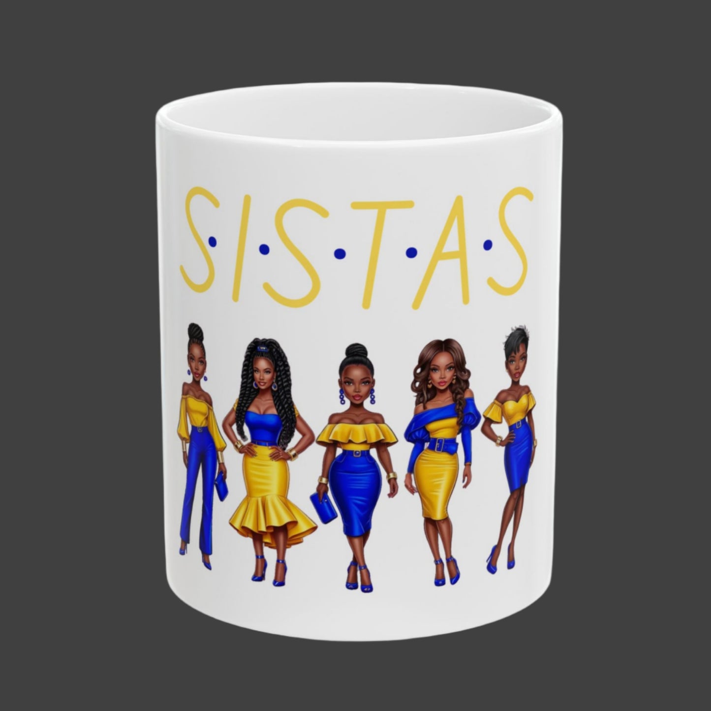 SISTAS Ceramic Mug, Blue and Gold Women Coffee Tea Cup, 11oz 15oz Sizes, African American Sisters Gift, Melanin Magic, Black Girl Magic,