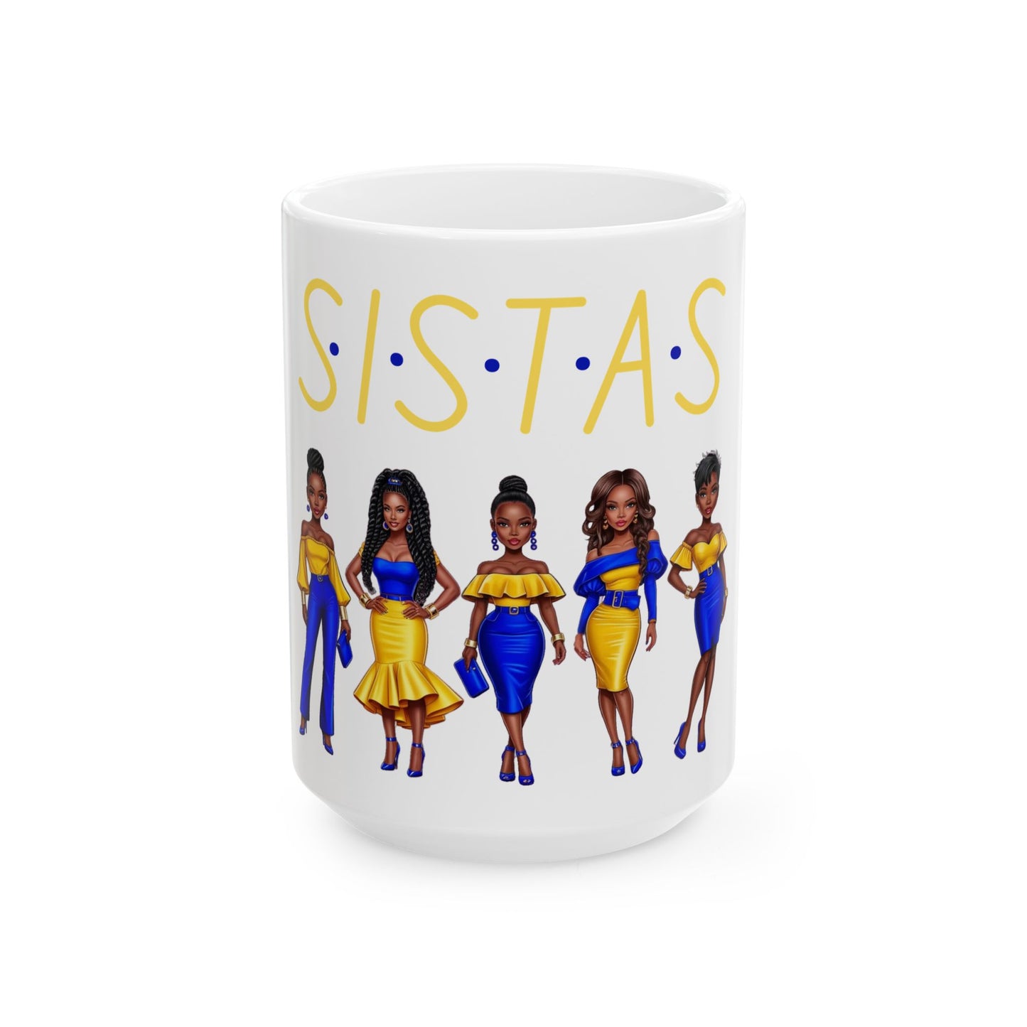 SISTAS Ceramic Mug, Blue and Gold Women Coffee Tea Cup, 11oz 15oz Sizes, African American Sisters Gift, Melanin Magic, Black Girl Magic,