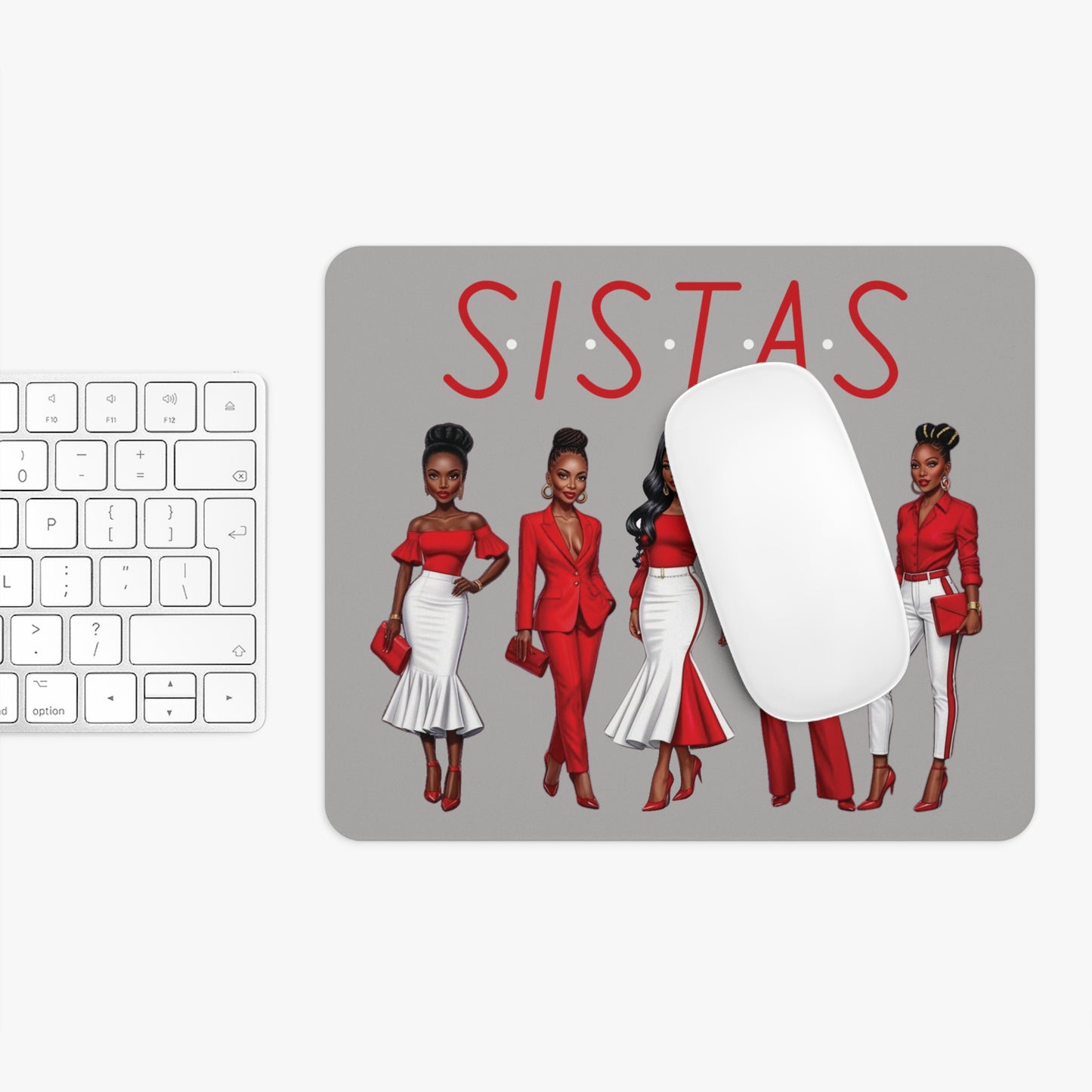 Sistas Mouse Pad - Black Women Red White Outfits, Afrocentric Home Office Decor, African American Sisters Gift, Feminine Desk Accessory