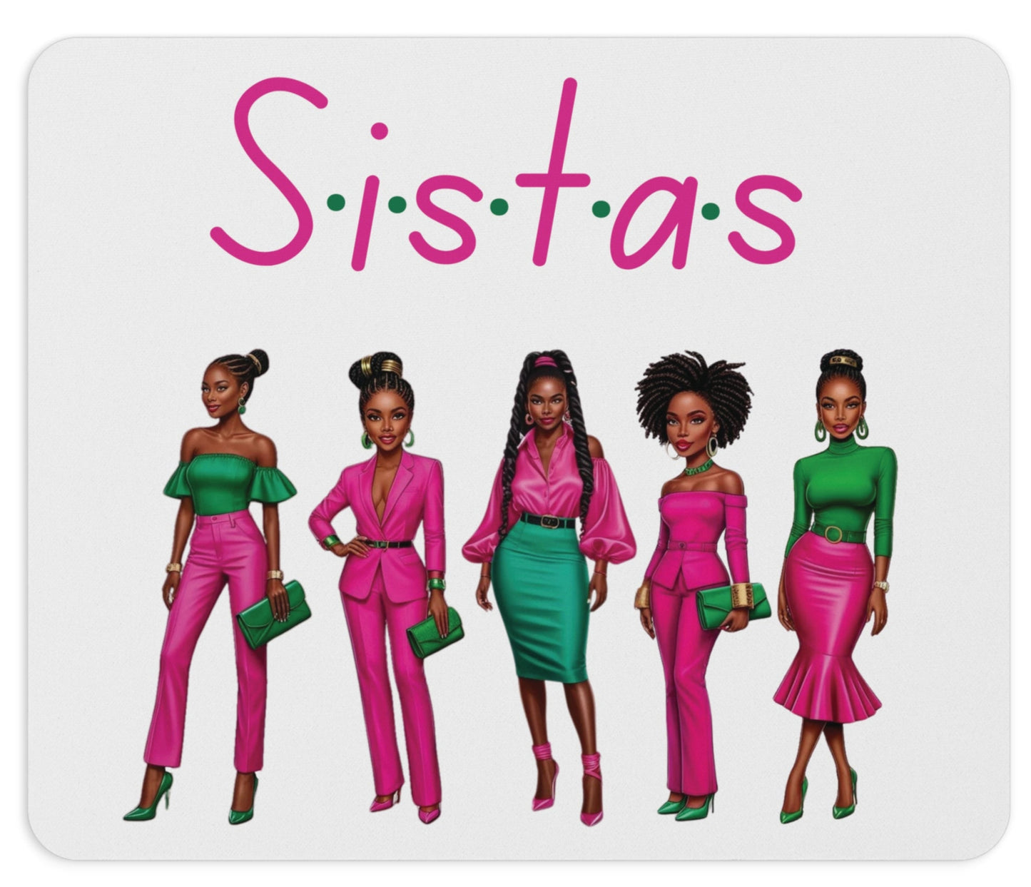 Sistas Mouse Pad - Black Women Pink Green Outfits, Afrocentric Home Office Decor, African American Sisters Gift, Feminine Desk Accessory,