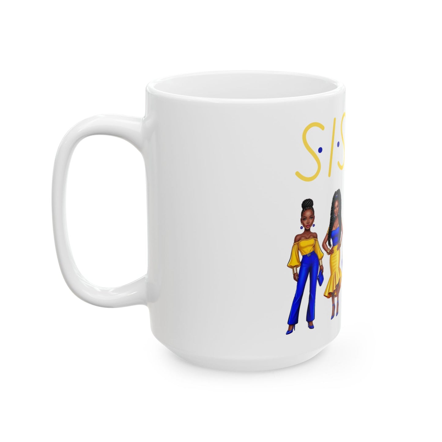 SISTAS Ceramic Mug, Blue and Gold Women Coffee Tea Cup, 11oz 15oz Sizes, African American Sisters Gift, Melanin Magic, Black Girl Magic,